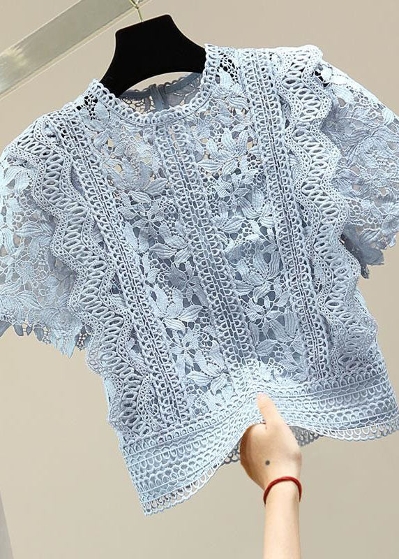 Blue Patchwork Lace Blouse Top O Neck Summer