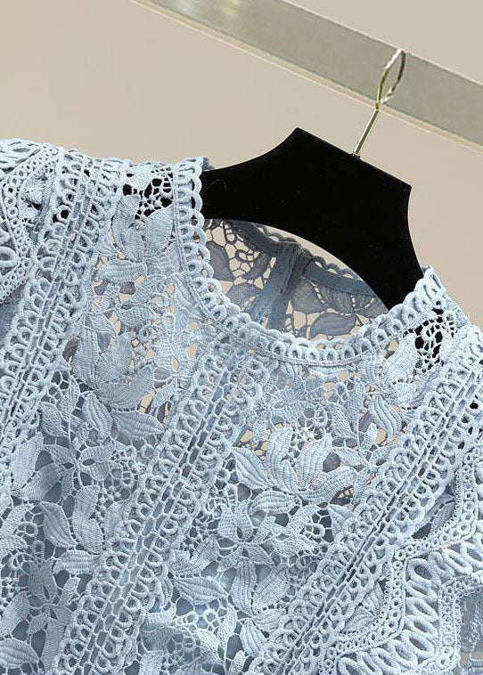 Blue Patchwork Lace Blouse Top O Neck Summer