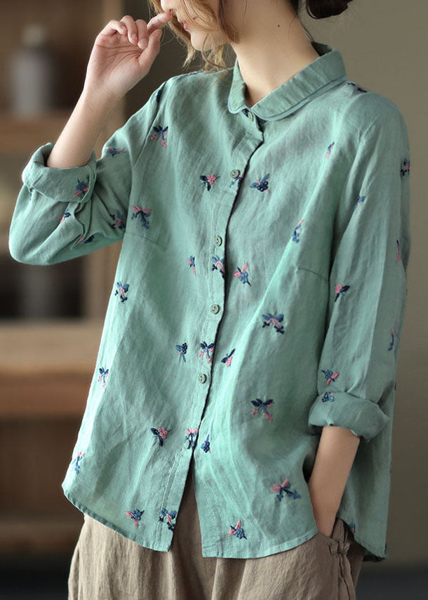 Blue Patchwork Linen Blouse Tops Embroideried Button Long Sleeve