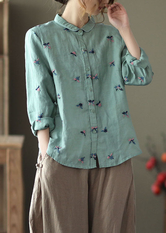 Blue Patchwork Linen Blouse Tops Embroideried Button Long Sleeve