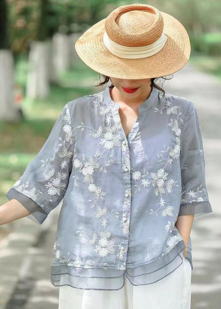 Blue Patchwork Linen Blouse Tops Embroideried V Neck Summer