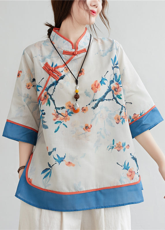Blue Patchwork Linen Blouses Stand Collar Oriental Button Summer
