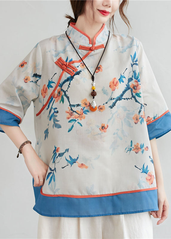 Blue Patchwork Linen Blouses Stand Collar Oriental Button Summer