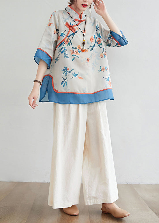 Blue Patchwork Linen Blouses Stand Collar Oriental Button Summer