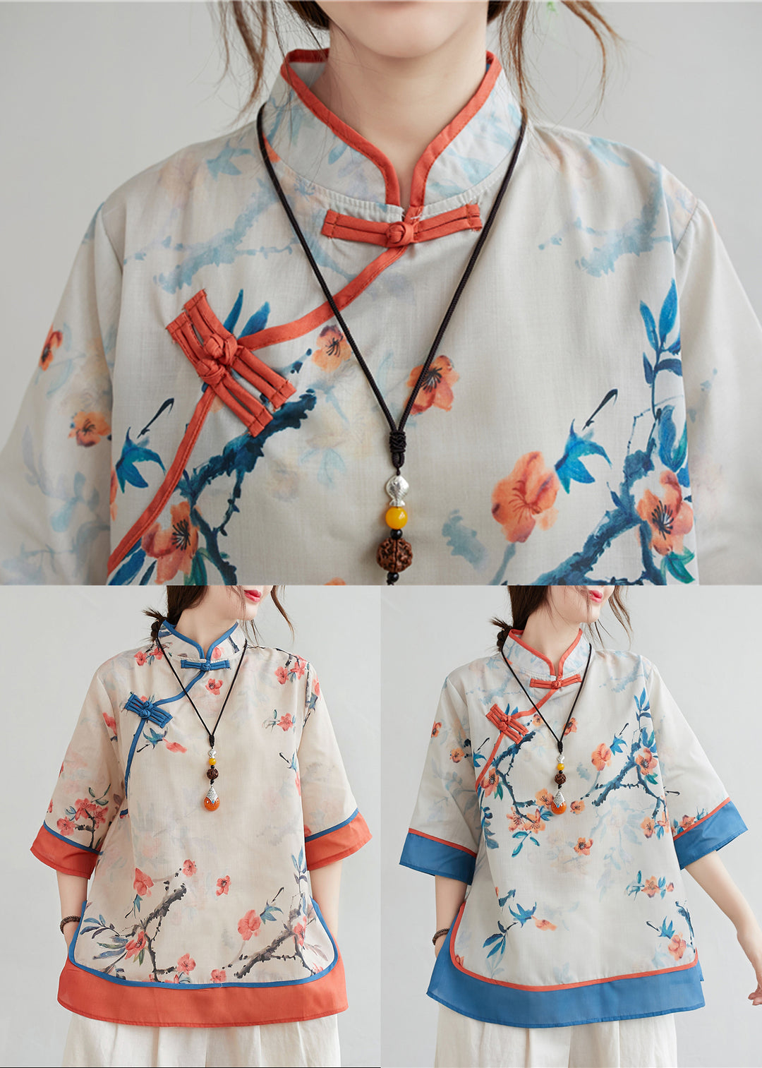 Blue Patchwork Linen Blouses Stand Collar Oriental Button Summer