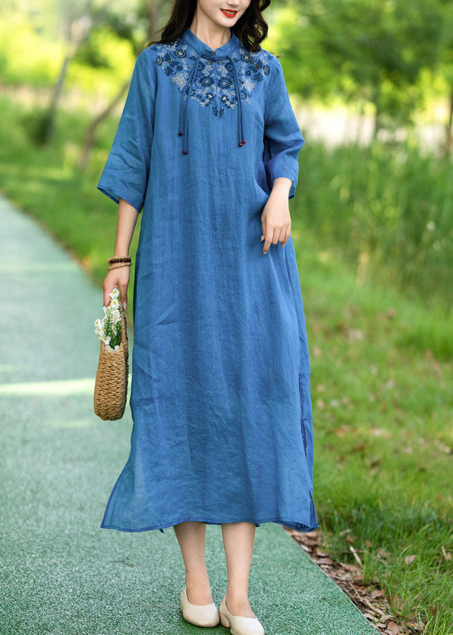 Blue Patchwork Linen Dress Tasseled Stand Collar Embroideried Summer