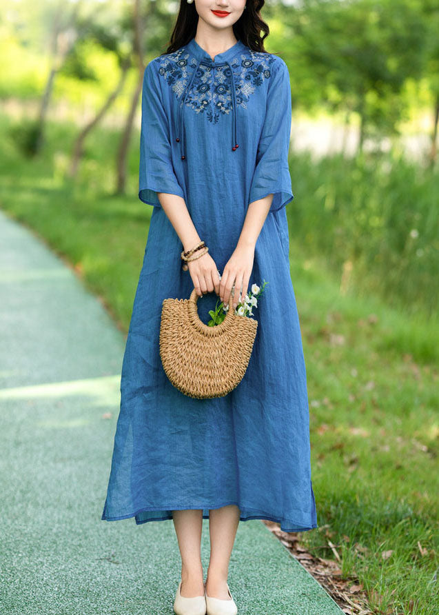 Blue Patchwork Linen Dress Tasseled Stand Collar Embroideried Summer