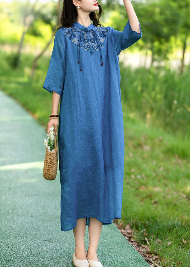 Blue Patchwork Linen Dress Tasseled Stand Collar Embroideried Summer