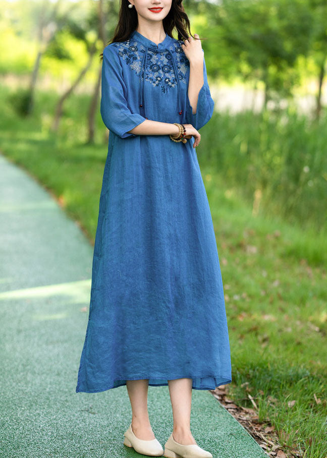Blue Patchwork Linen Dress Tasseled Stand Collar Embroideried Summer