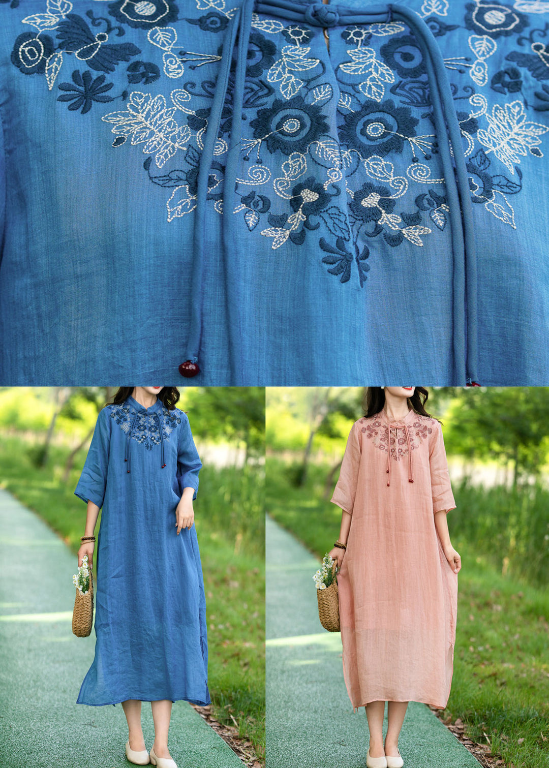 Blue Patchwork Linen Dress Tasseled Stand Collar Embroideried Summer