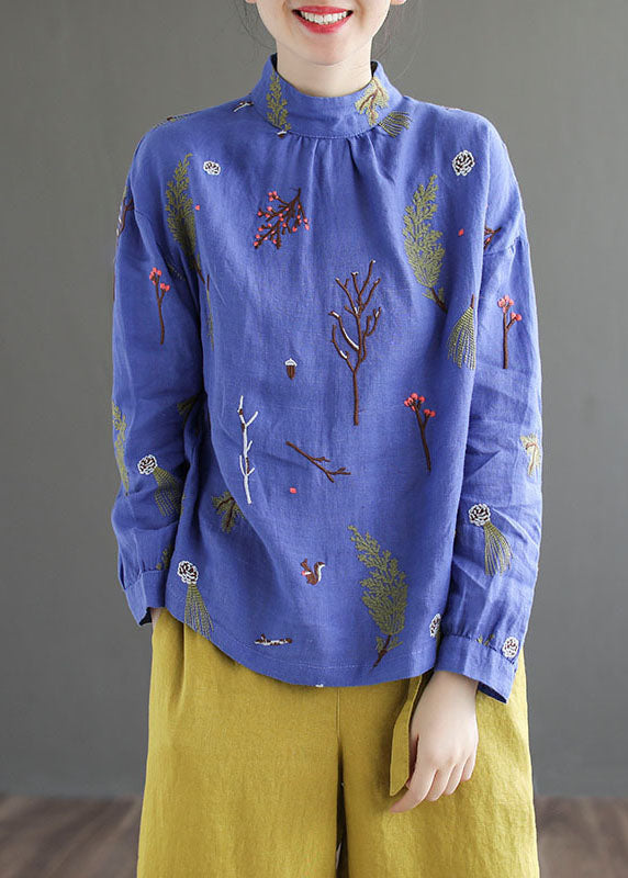 Blue Patchwork Linen Shirt Tops Embroideried Stand Collar Long Sleeve