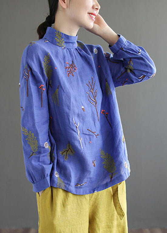 Blue Patchwork Linen Shirt Tops Embroideried Stand Collar Long Sleeve