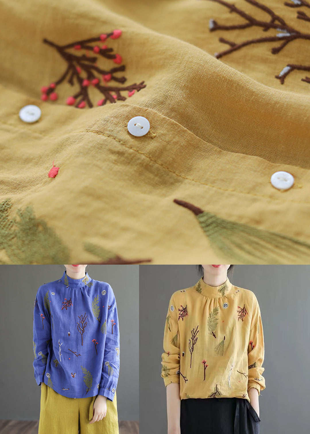 Blue Patchwork Linen Shirt Tops Embroideried Stand Collar Long Sleeve