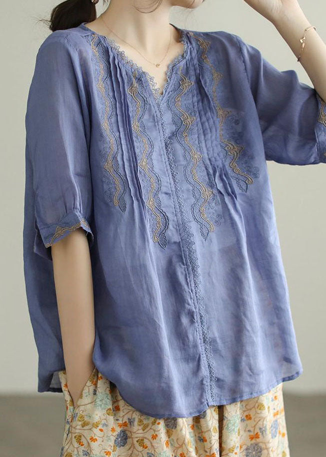 Blue Patchwork Linen T Shirts Embroideried Summer