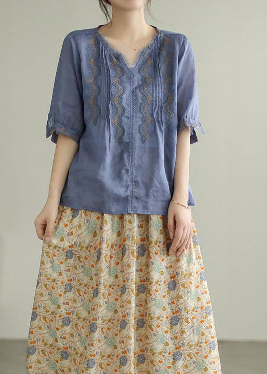 Blue Patchwork Linen T Shirts Embroideried Summer