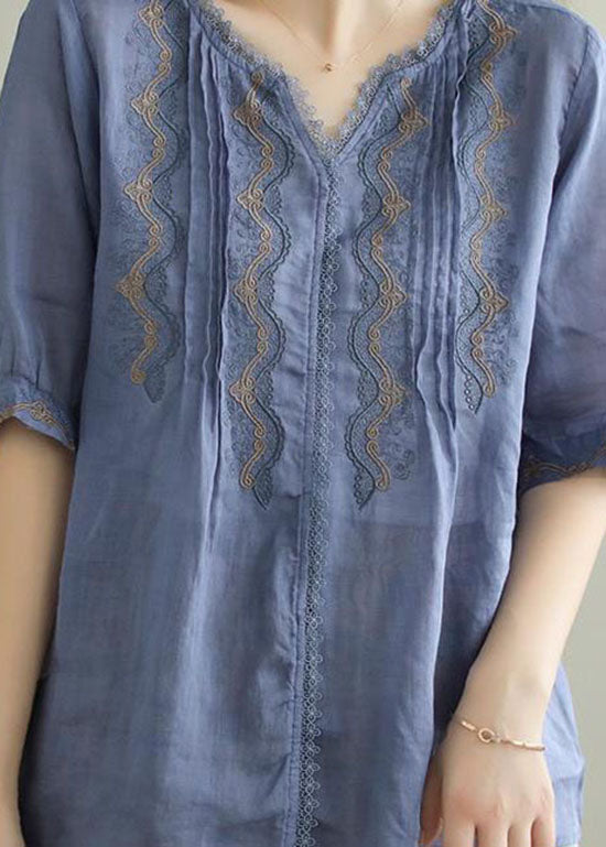 Blue Patchwork Linen T Shirts Embroideried Summer