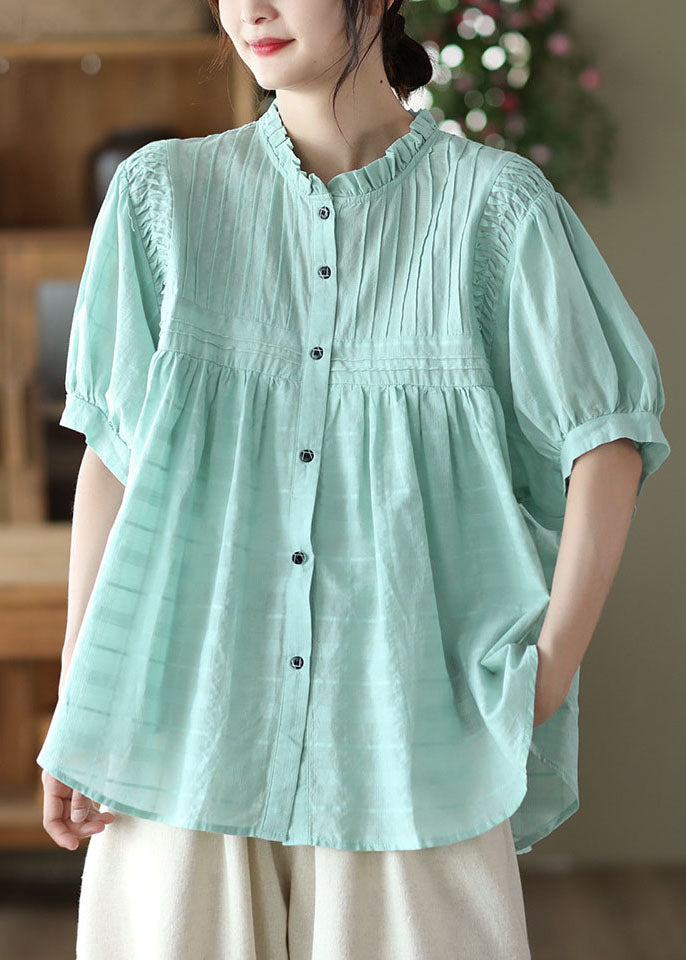 Blue Patchwork Loose Cotton Shirt Top Ruffled Button Summer