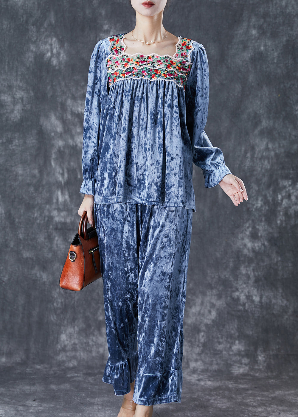 Blue Patchwork Silk Velour Two-Piece Set Square Collar Embroideried Fall