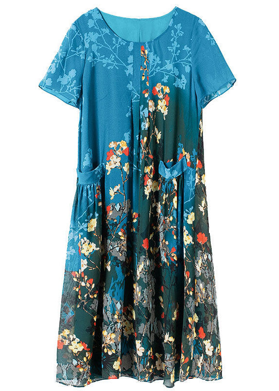 Blue Patchwork Wrinkled Chiffon Long Dress Short Sleeve