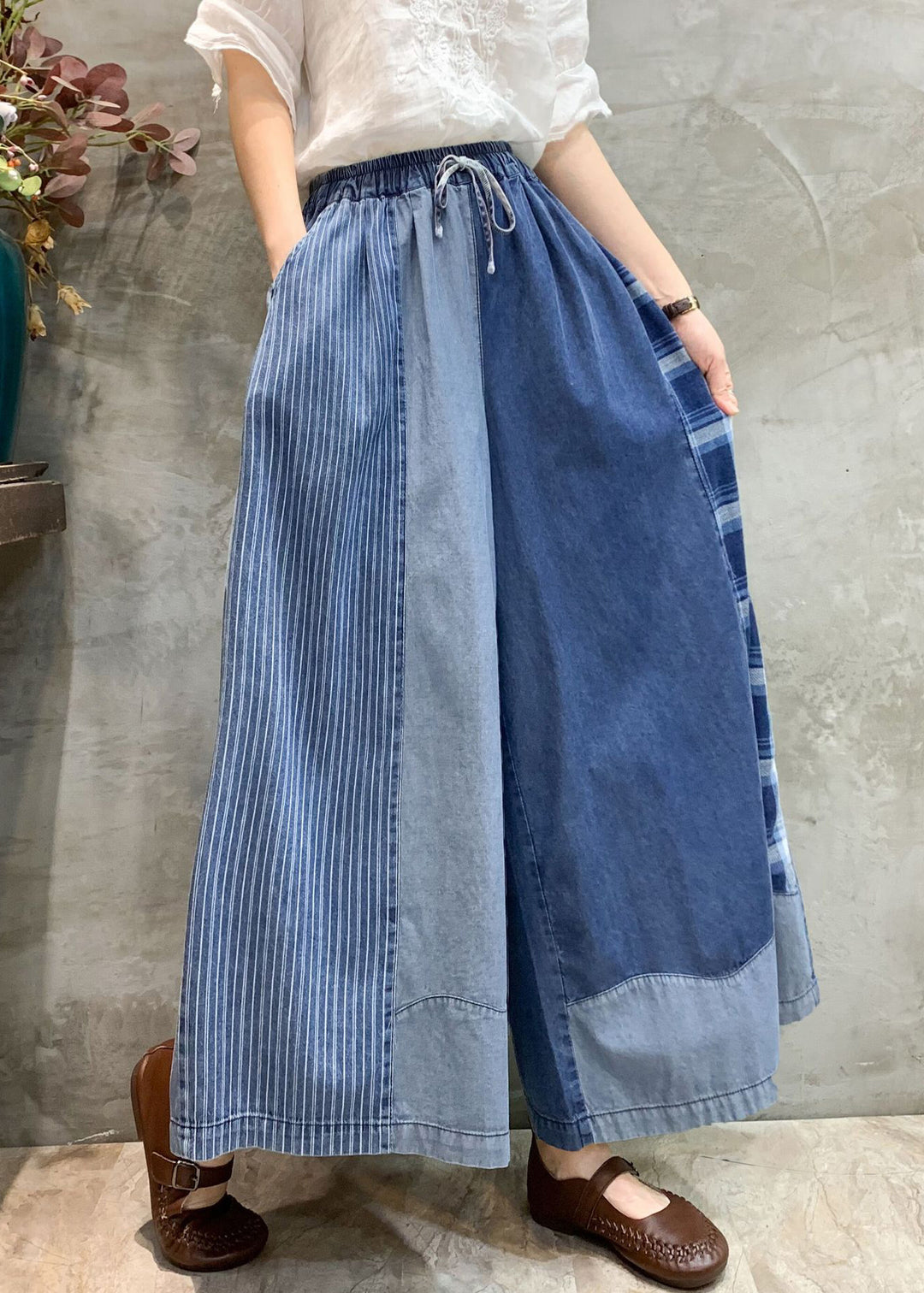 Blue Plaid Elastic Waist Patchwork Denim Loose Pants Pockets