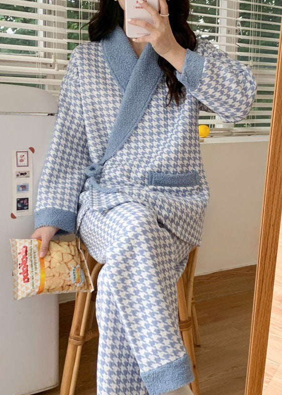 Blue Plaid Thick Cotton Pajamas Two Piece Set Peter Pan Collar Spring