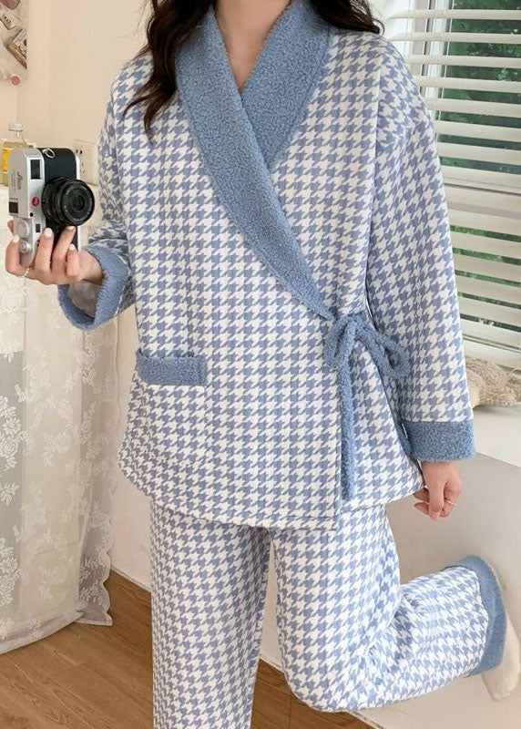 Blue Plaid Thick Cotton Pajamas Two Piece Set Peter Pan Collar Spring