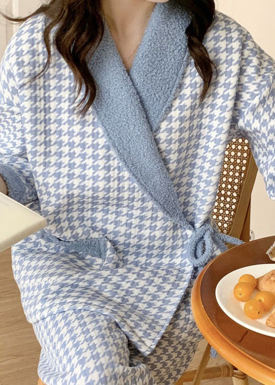 Blue Plaid Thick Cotton Pajamas Two Piece Set Peter Pan Collar Spring