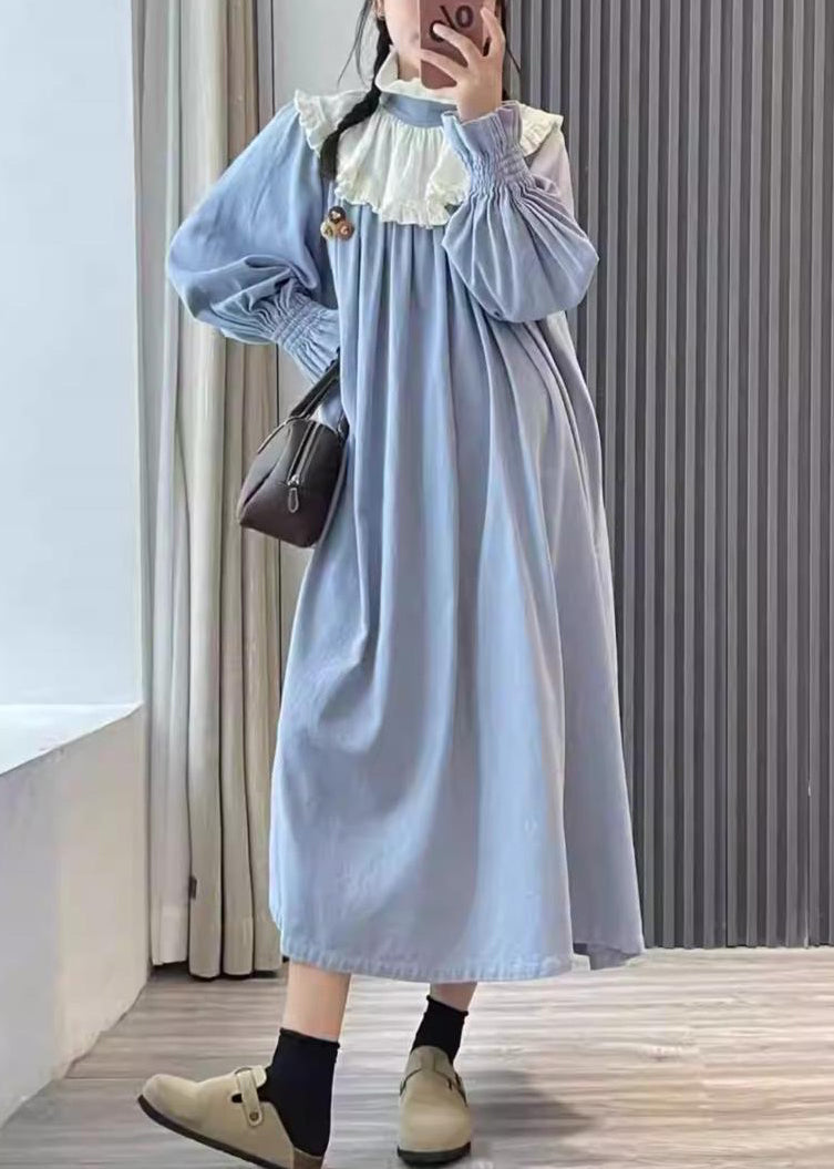 Blue Pockets Cotton Dress Peter Pan Collar Long Sleeve