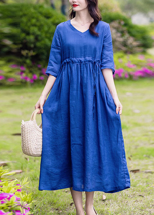 Blue Pockets Patchwork Linen Dress V Neck Drawstring Summer