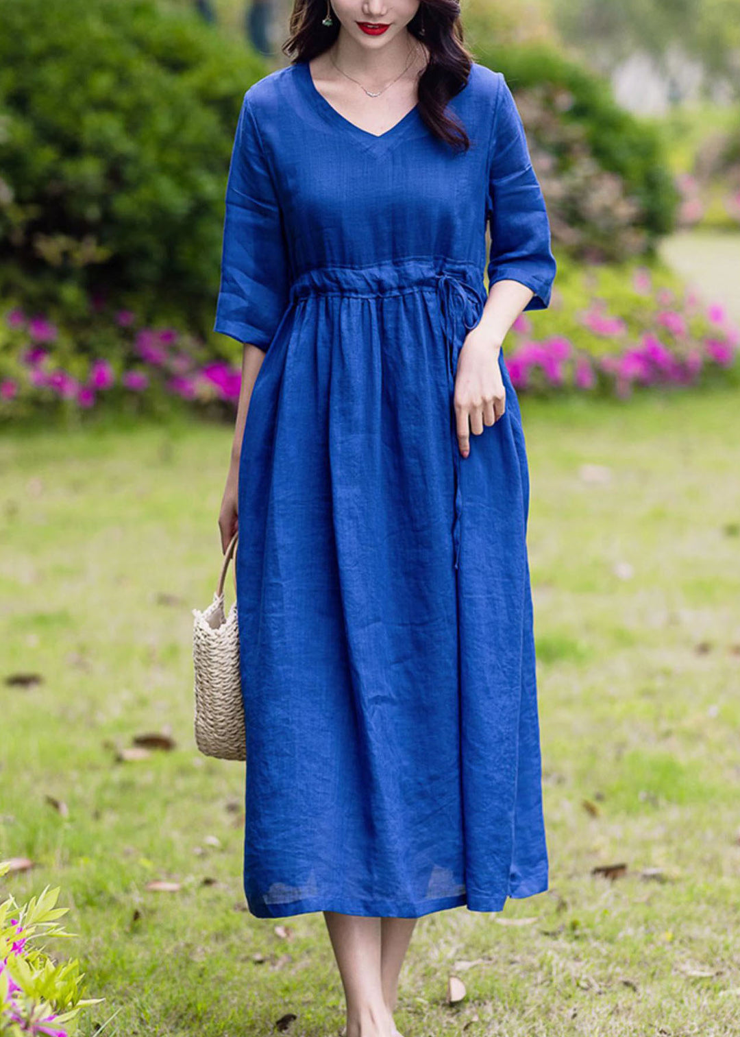 Blue Pockets Patchwork Linen Dress V Neck Drawstring Summer