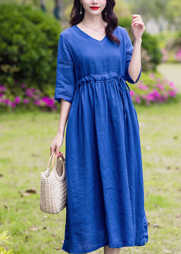 Blue Pockets Patchwork Linen Dress V Neck Drawstring Summer