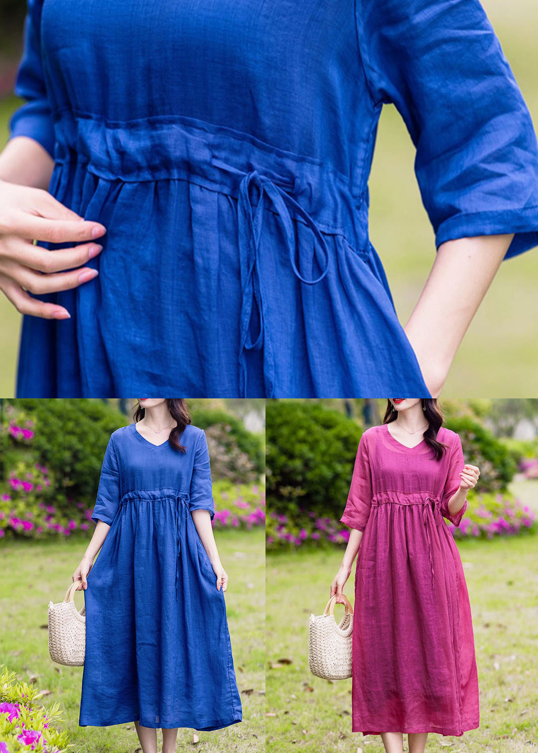 Blue Pockets Patchwork Linen Dress V Neck Drawstring Summer