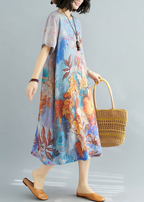 Blue Print Chiffon Holiday Maxi Dress Short Sleeve