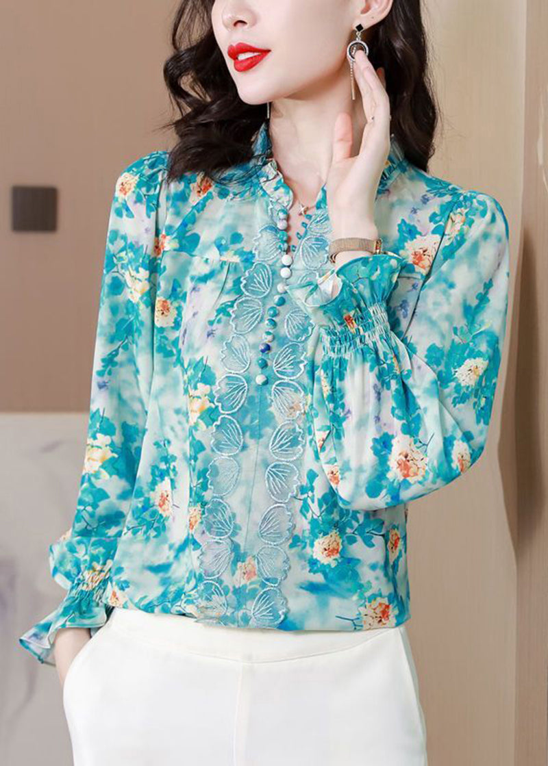 Blue Print Chiffon Shirt Top V Neck Nail Bead Spring