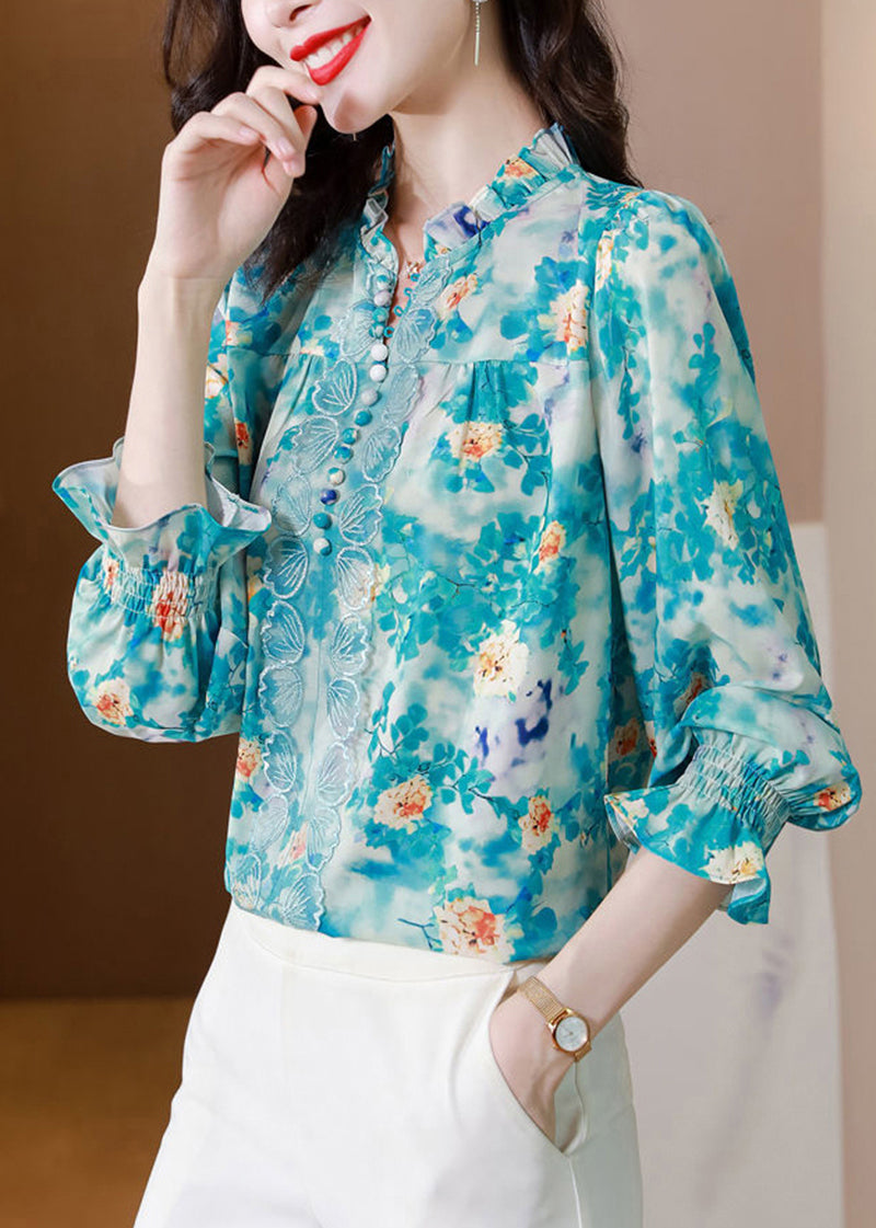 Blue Print Chiffon Shirt Top V Neck Nail Bead Spring