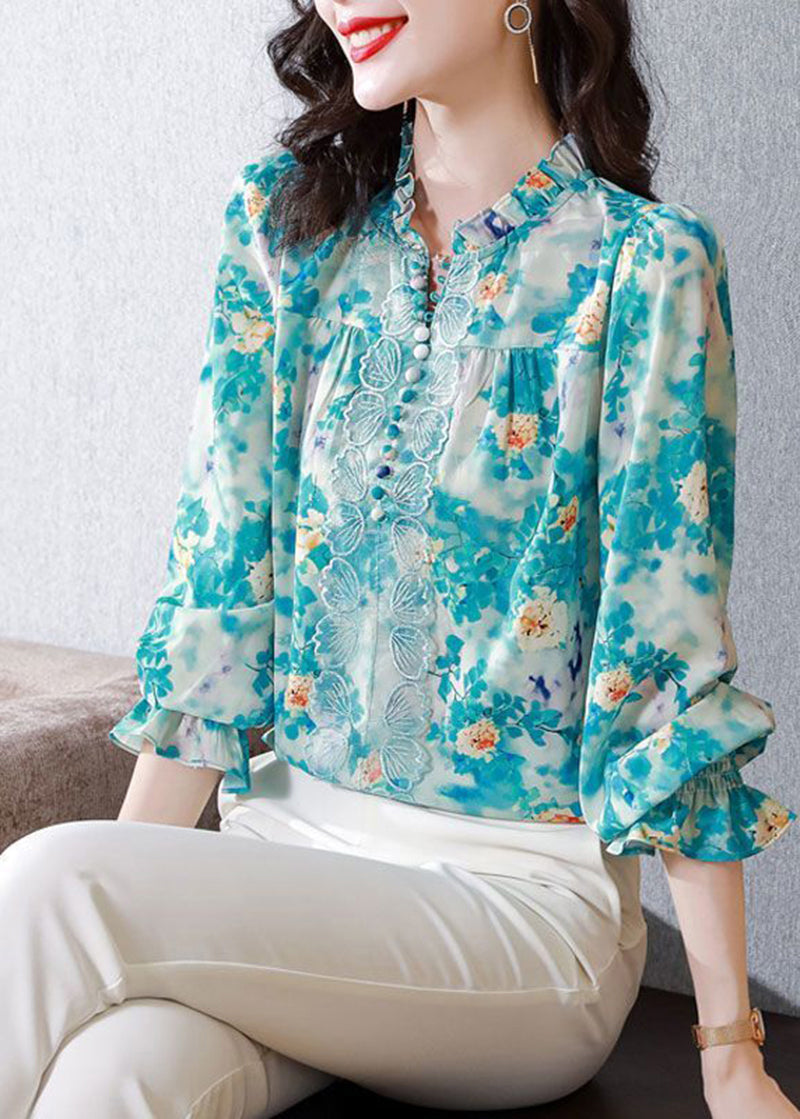 Blue Print Chiffon Shirt Top V Neck Nail Bead Spring