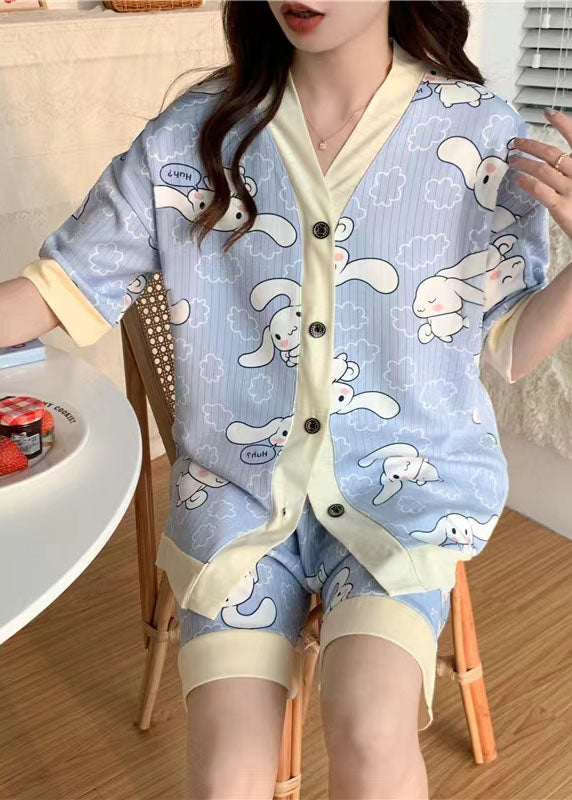 Blue Print Patchwork Cotton Two-Piece Set Pajamas V Neck Summer