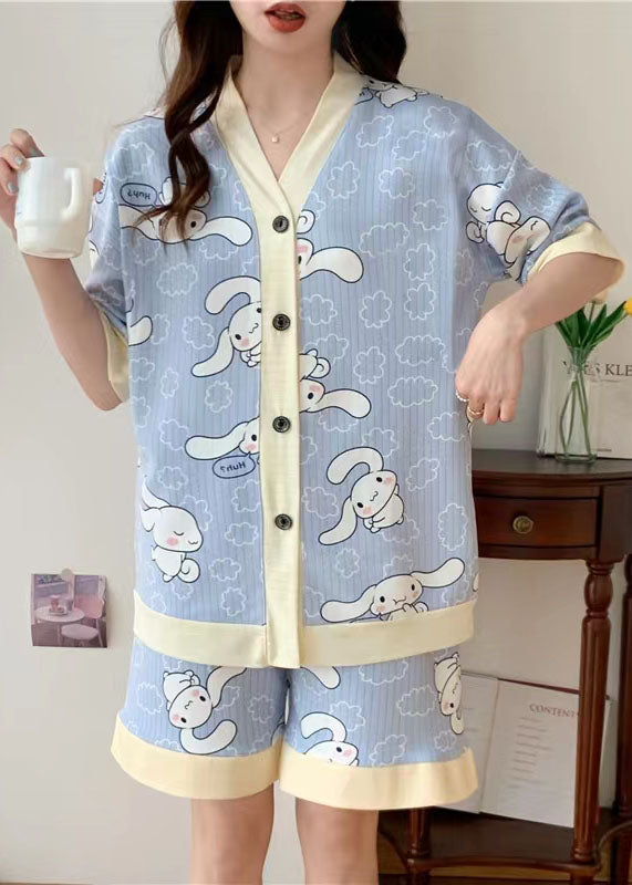 Blue Print Patchwork Cotton Two-Piece Set Pajamas V Neck Summer