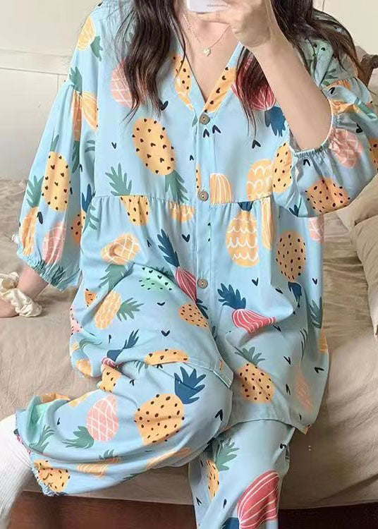 Blue Print Patchwork Cotton Two Pieces Set Pajamas V Neck Summer