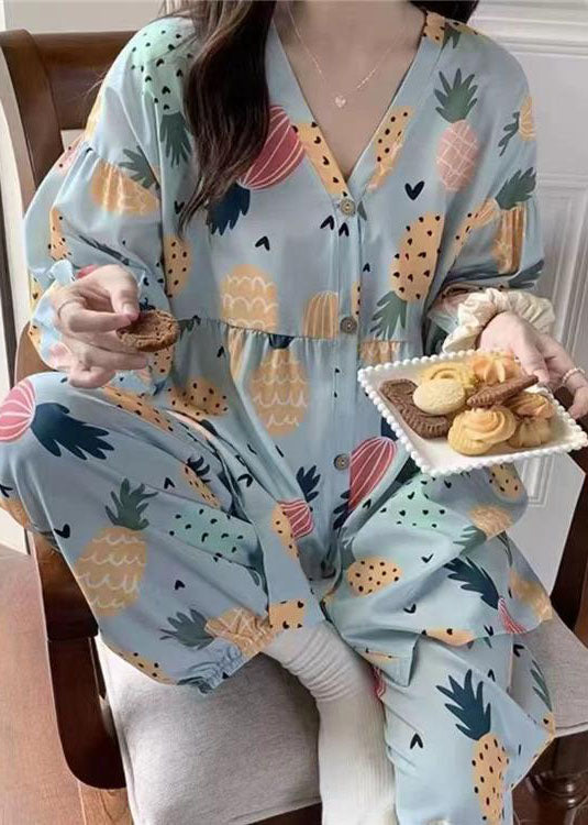 Blue Print Patchwork Cotton Two Pieces Set Pajamas V Neck Summer