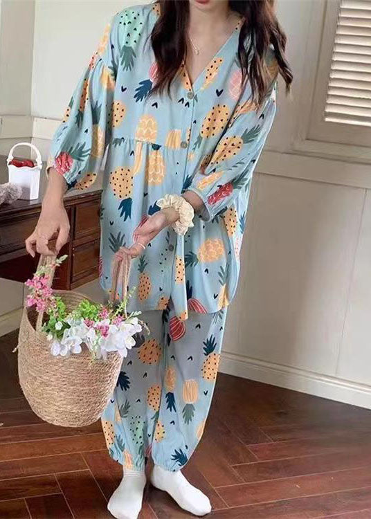 Blue Print Patchwork Cotton Two Pieces Set Pajamas V Neck Summer