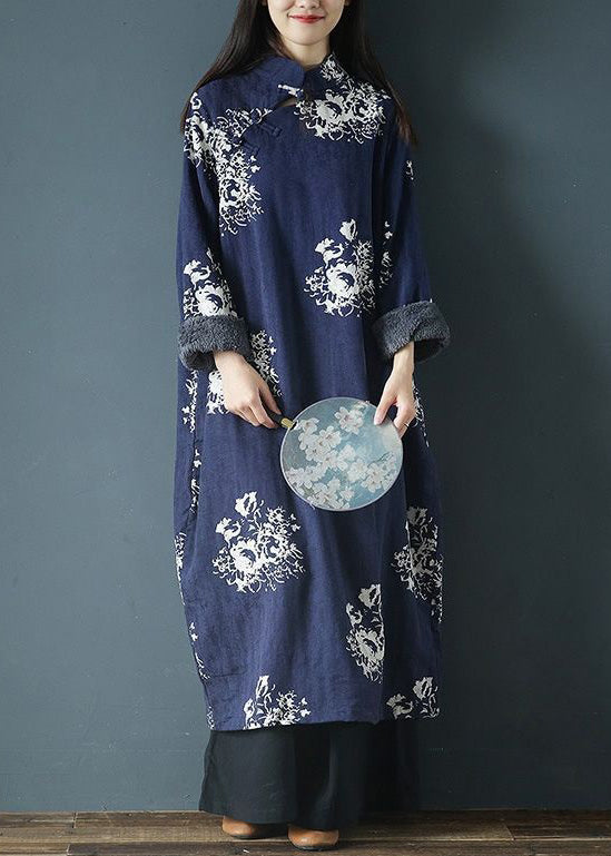 Blue Print Patchwork Fleece Dress Stand Collar Long Sleeve