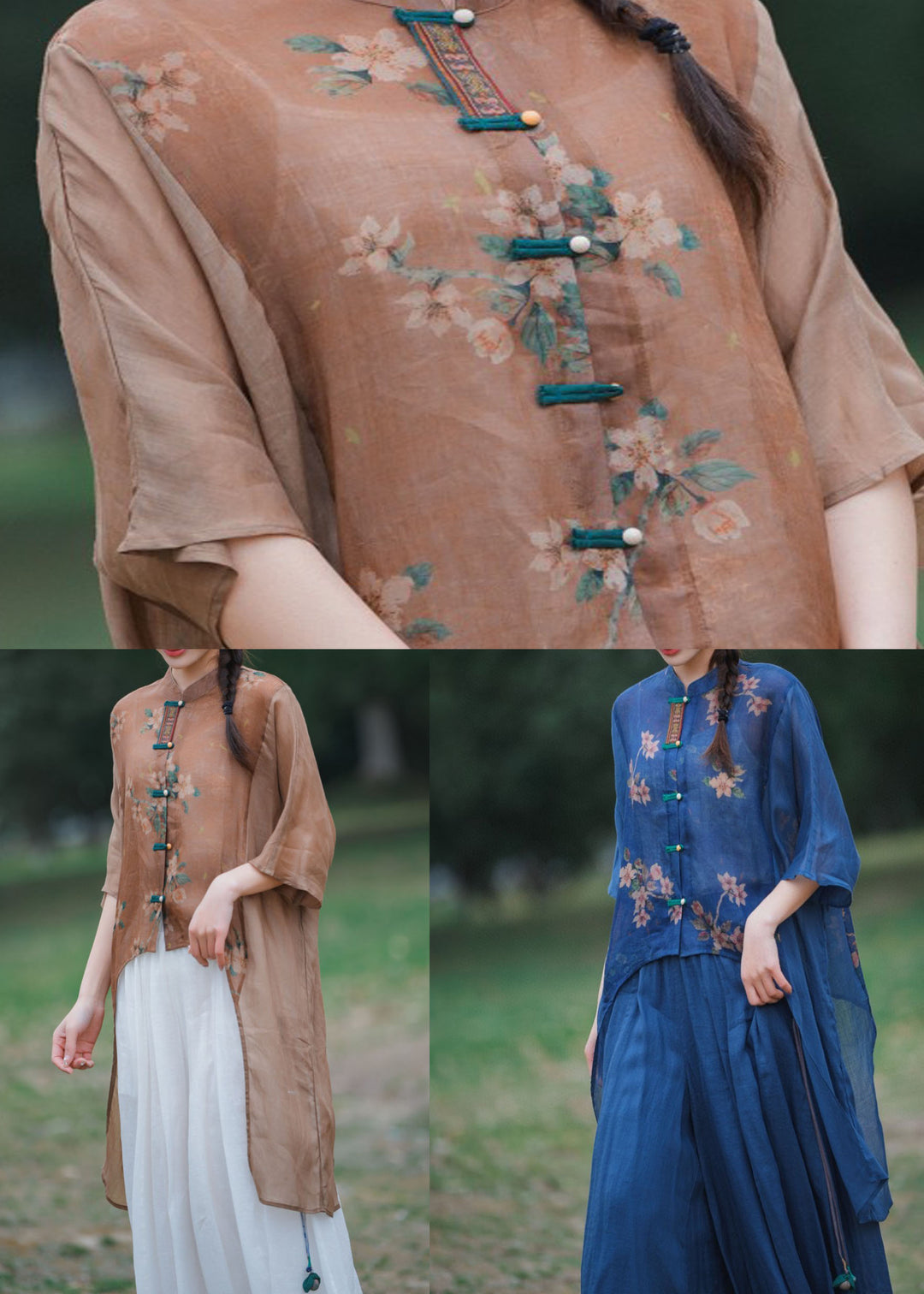 Blue Print Patchwork Linen Shirt Stand Collar Chinese Button Summer