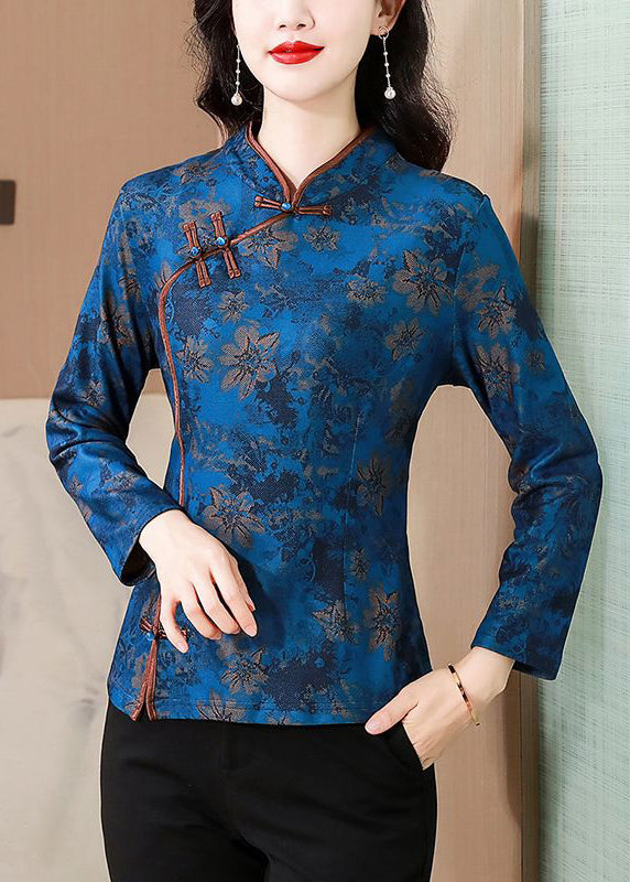 Blue Print Patchwork Silk Warm Fleece Tops Stand Collar Spring