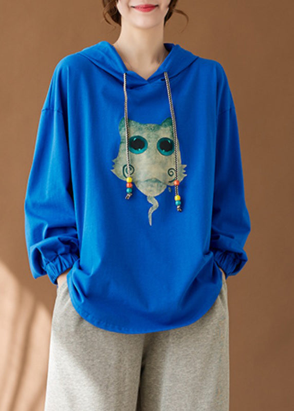 Blue Print Plus Size Cozy Cotton Loose Sweatshirt Hooded Fall