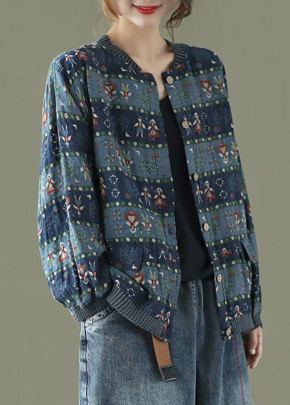 Blue Print Pockets Patchwork Cotton Coats O Neck Butto Fall