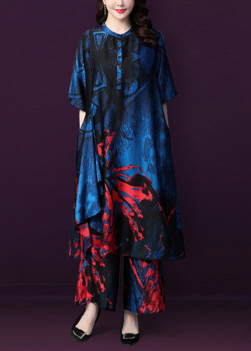 Blue Print Silk Dress And Wide Leg Pants Two Piece Set Outfits Stand Collar Button Summer