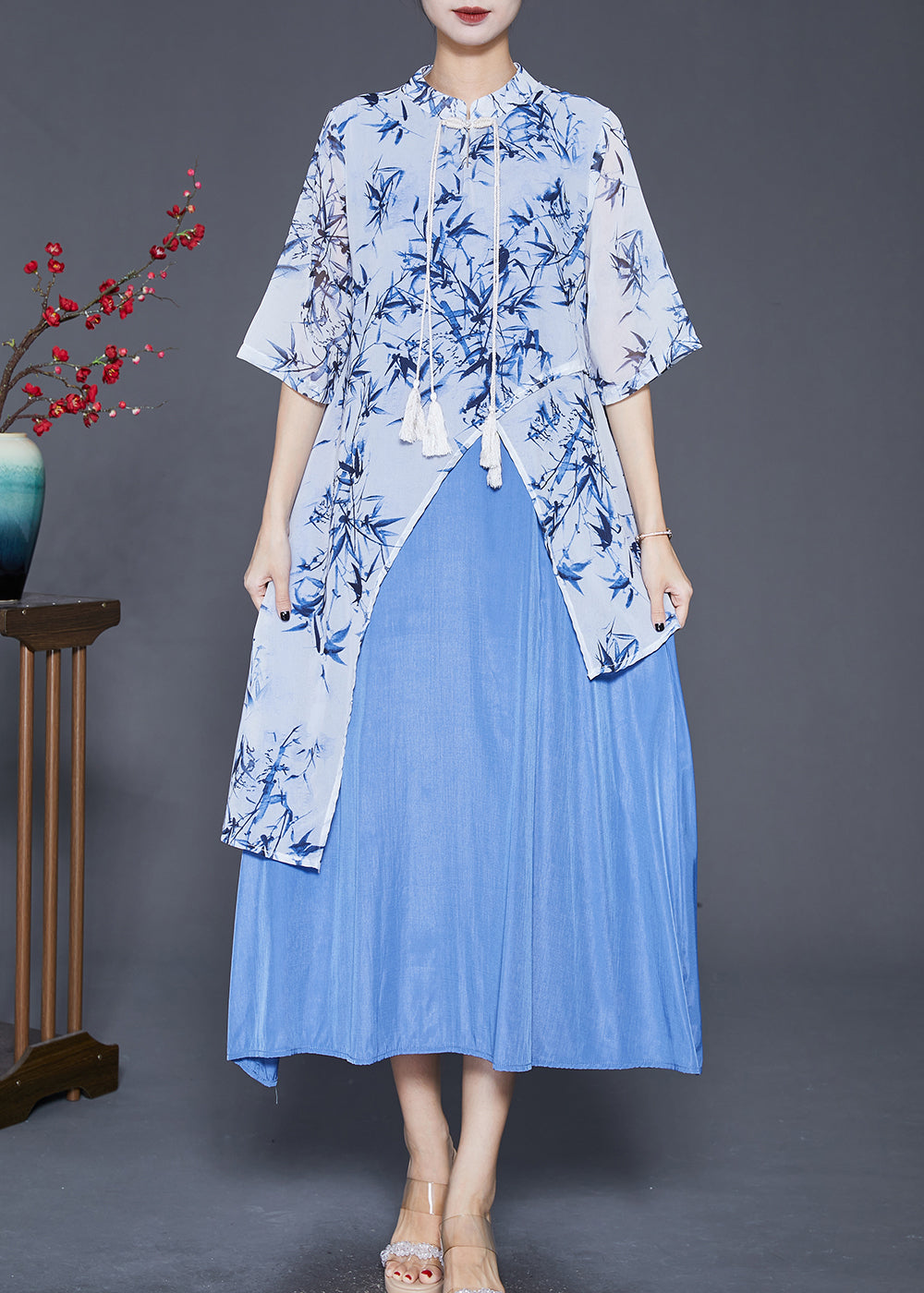 Blue Print Silk Fake Two Piece Dresses Asymmetrical Tasseled Summer