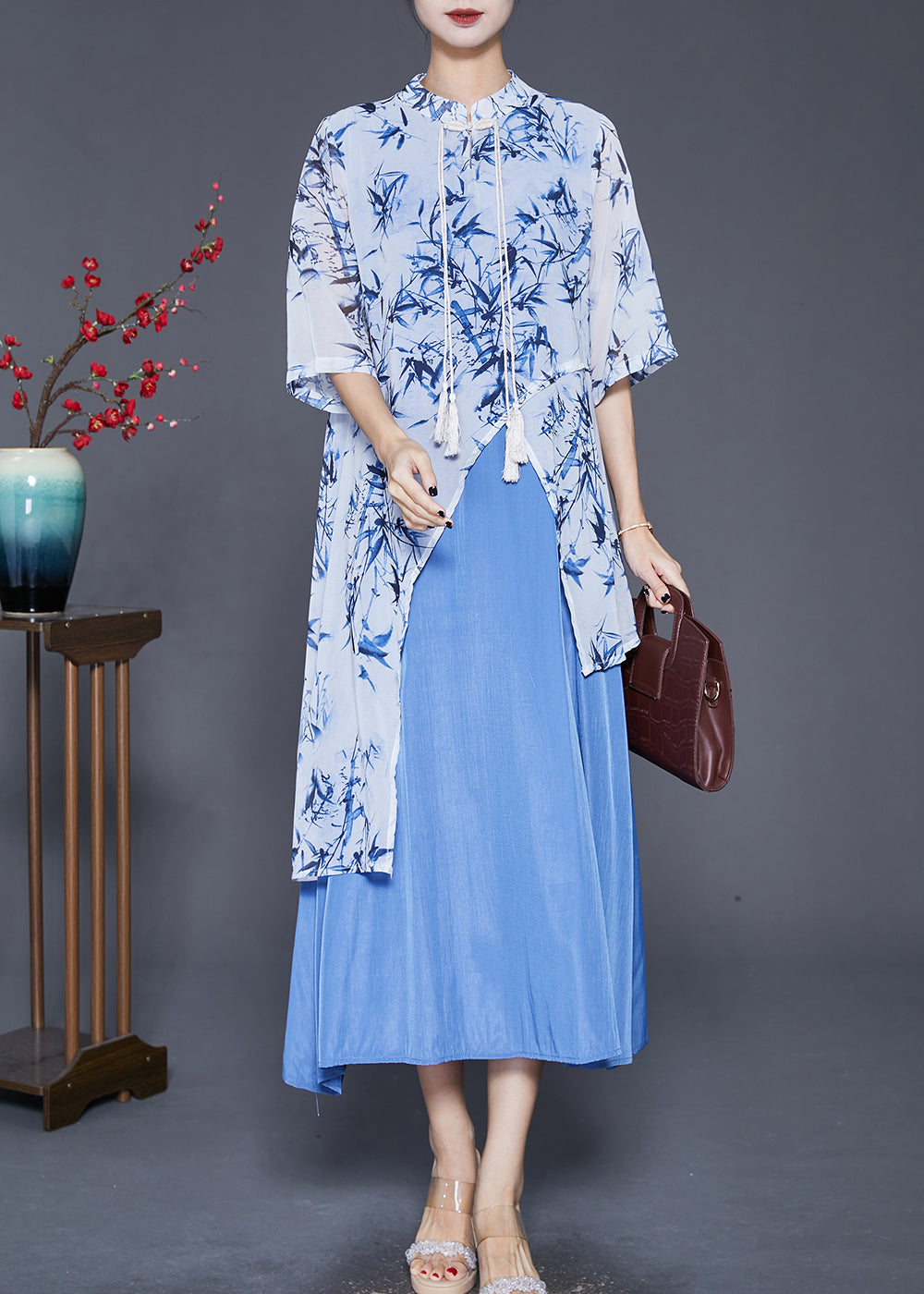 Blue Print Silk Fake Two Piece Dresses Asymmetrical Tasseled Summer