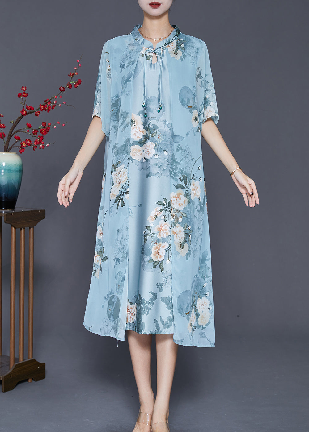 Blue Print Silk Fake Two Piece Dresses Tasseled Summer